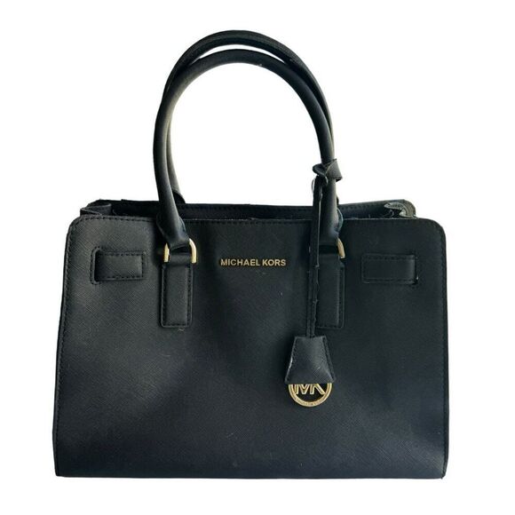 Michael Kors Black Dillon Saffiano Leather Gold EW Satchel Bag Purse - Picture 2 of 11